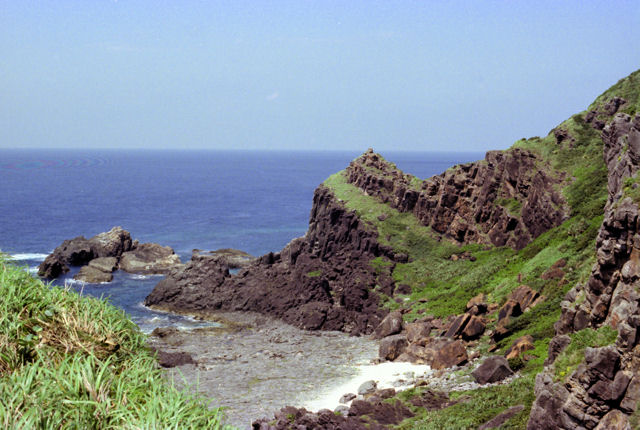 東崎に見られる魚釣島層に迸入する角閃石閃緑岩質ひん岩
