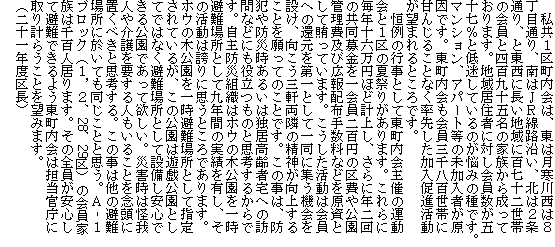 　私共１区町内会は、東は月寒川西は８
丁目通り、南はＪＲ線路沿い、北は２条
通り、と東西に長い地域に百七十二世帯
の会員と四百九十五名の家族から成って
おります。地域居住者に対し会員数が五
十七％と低迷しているのが悩みの種です。
マンション、アパート等の未加入者が原
因です。東町内会も会員三千八百世帯に
甘んじることなく率先した加入促進活動
が望まれるところです。
　恒例の行事として東町内会主催の運動
会と１区の夏祭りがあります。これらに
毎年十六万円ほど計上し、さらに年二回
の共同募金を一会員二百円の区費や公園
管理費及び広報配布手数料などを原資と
して賄っています。こうした活動は会員
への還元を第一として一同に集う機会を
設け、向こう三軒両隣の精神が向上する
ことを願ってのことです。この事は、防
犯や防災時あるいは独居高齢者宅への訪
問などにも役立つものと思考するからで
す。自主防災組織はホウの木公園を一時
避難場所として九年間の実績を有し、そ
の活動は誇りに思うところであります。
ホウの木公園を一時避難場所として指定
されているが、この公園は遊戯公園とし
てではなく避難場所として設備し安心で
きる公園であって欲しい。災害時は怪我
人や介護を要する人もいることを念頭に
置くべきと思考する。この事は他の避難
場所に於いても同じことと思う。Ａ‐１
ブロック（１，２、28、29区）の会員家
族は千百人居ります。その全員が安心し
て避難できるよう東町内会は担当官庁に
取り計らうことを望みます。
（二十一年度区長）　
